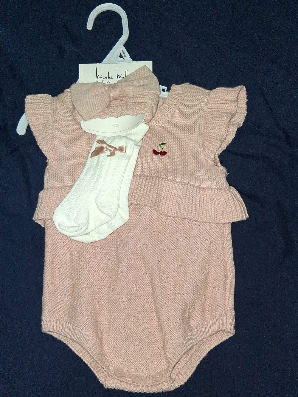 Nicole Miller Pink Knit Baby Romper with Cherry Accent and Socks